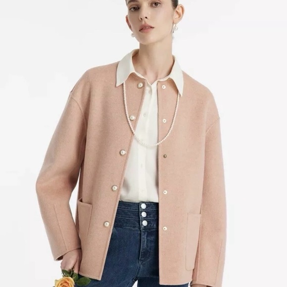 Blush Pink Textured Blazer with Contrast Trim - Picture 1 of 5